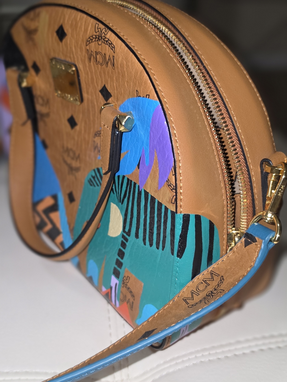 MCM Cognac Leather Dome Satchel with Blue & Teal Artistic Print
